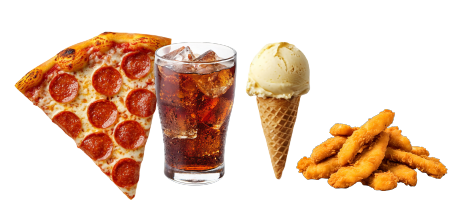 Pizza, soda, helado y tenders